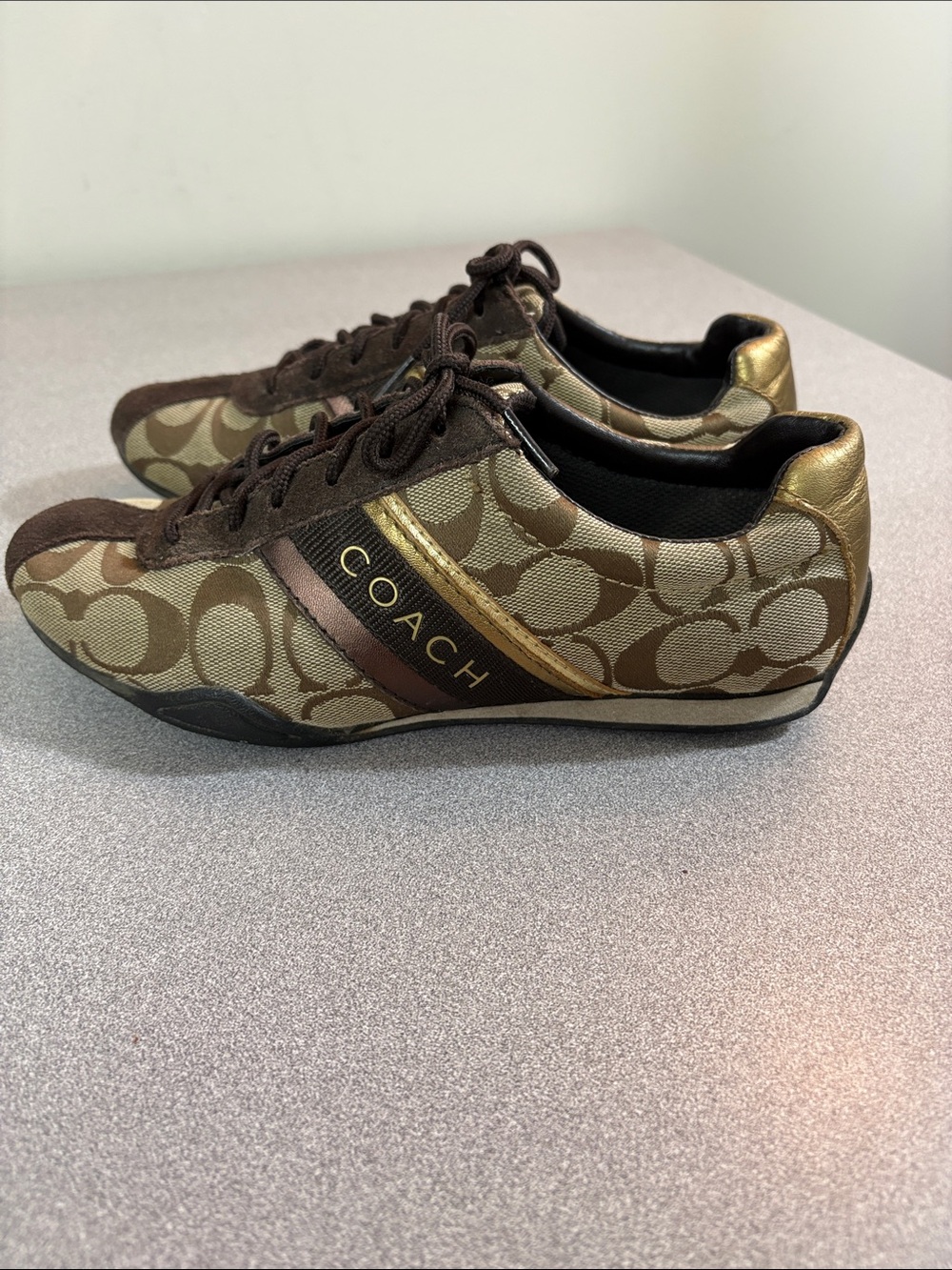 Coach Brown Monogram Logo Lace-Up Sneakers with Gold Trim - Picture 4 of 14
